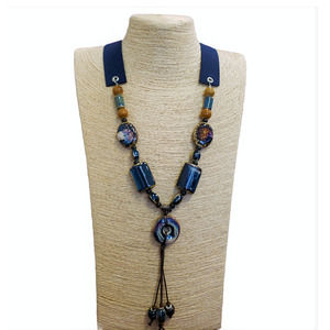 Handmade Navy Blue Tribal Fusion Bohemian Casual Ceramic Necklace  on Faux Suede